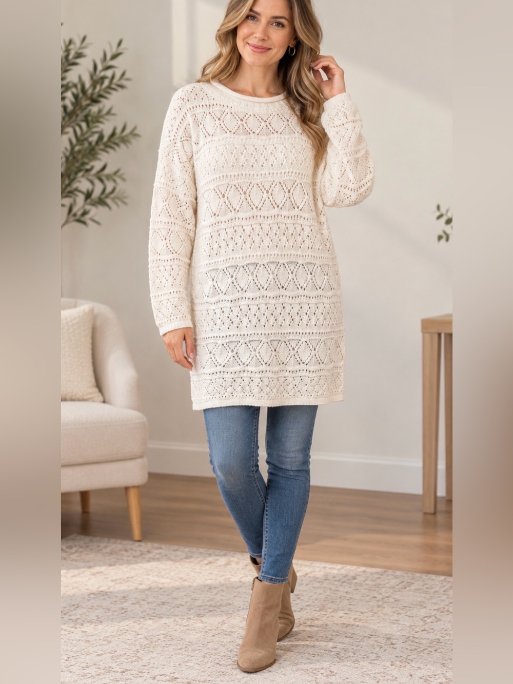 American Knitworks Cream Tunic Sweater Fisherman Long Knit White Pullover M